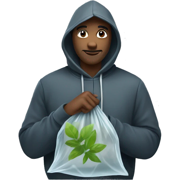 Shady man with hood up holding a clear plastic bag with leaves emoji