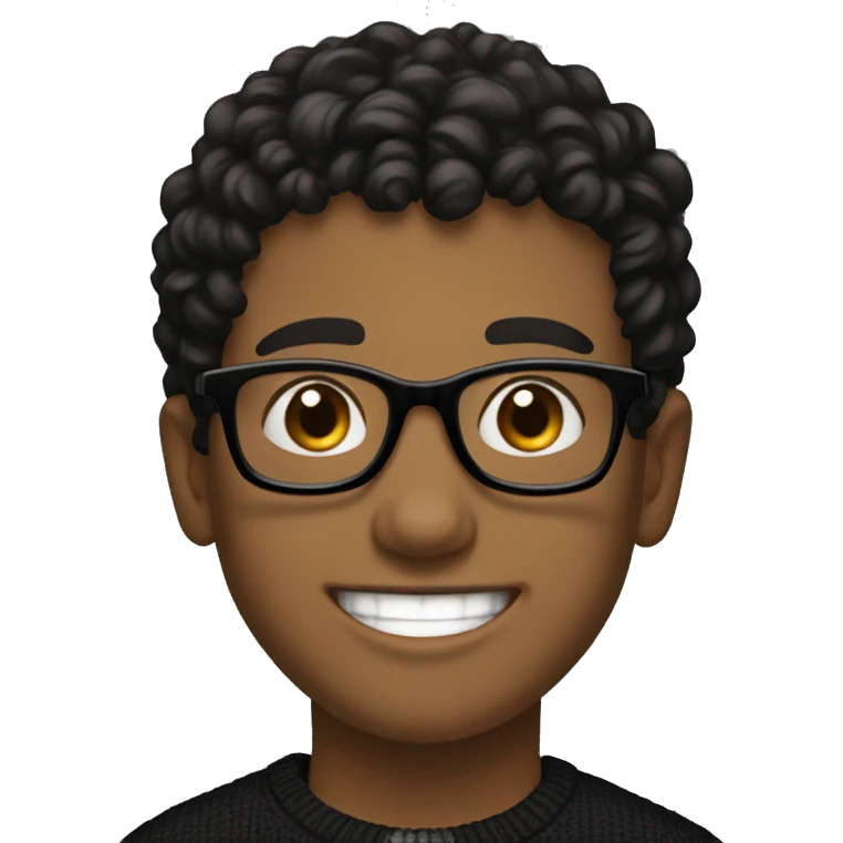 a young brown boy, black glasses, smiling, white teeths, curly black hair, black pullover, laptop in front of him emoji