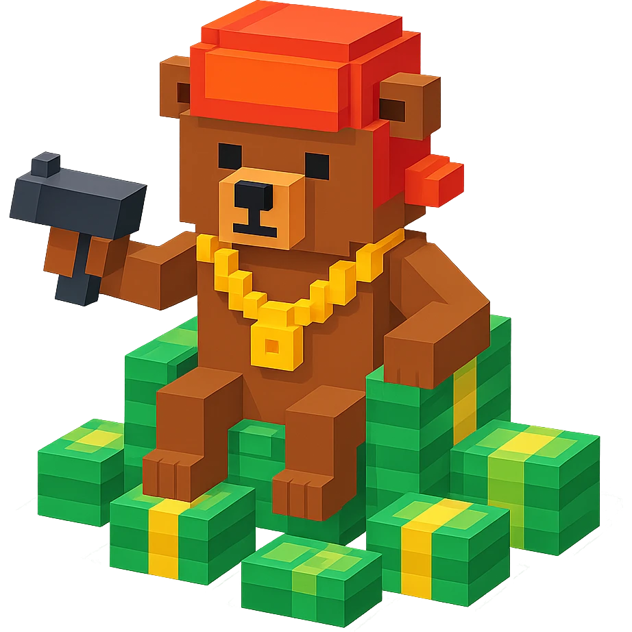 Russian grizzly bear with a rapper chain and a money gun, sitting on a throne of cash emoji