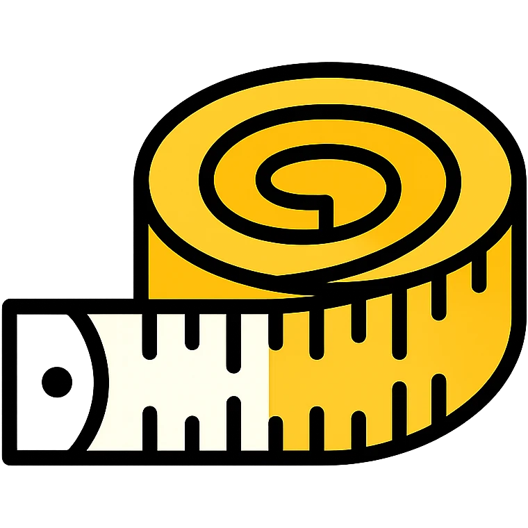 a sewing tape measure, coiled, with visible measurement markings, realistic color, white and yellow sections, metal tip, icon style emoji