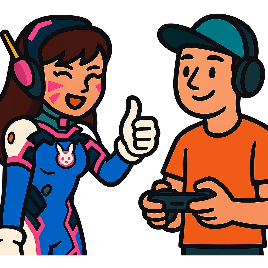 a cute Overwatch character like D.Va giving a thumbs-up to a casual player emoji