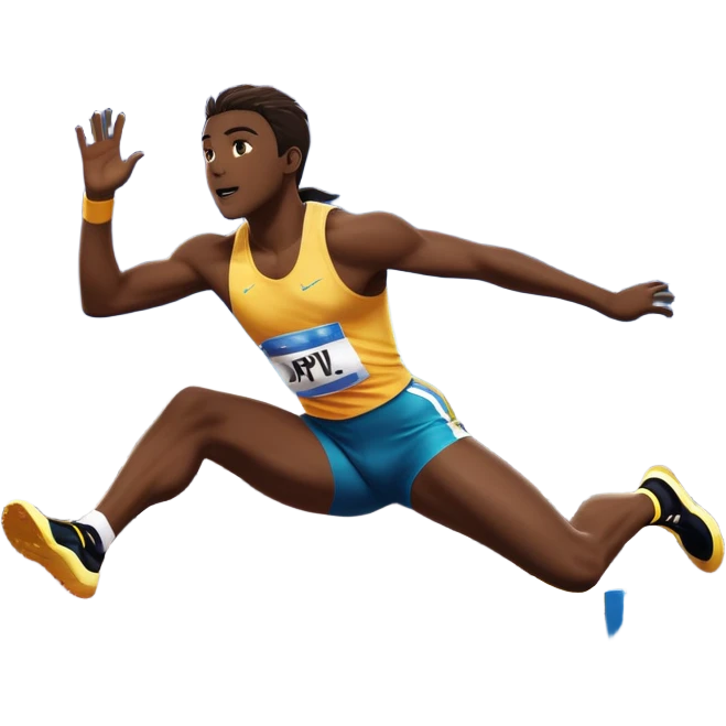 An icon of an athlete soaring over a hurdle, mid-jump, with a powerful form. The background features a vibrant stadium, with the track and hurdles in sharp focus, and a cheering crowd along the stands. The motion of the jump emphasizes speed and agility. Transparent background. emoji