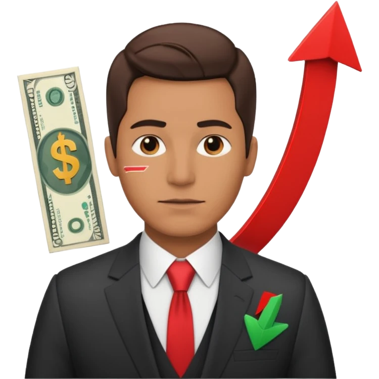 a man, and next to him are bills of money and a red arrow that points down emoji