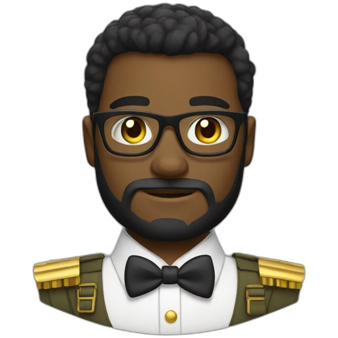 black soldier with beard, part in hair, white collared shirt, bow tie, gold glasses, bulletproof vest  emoji