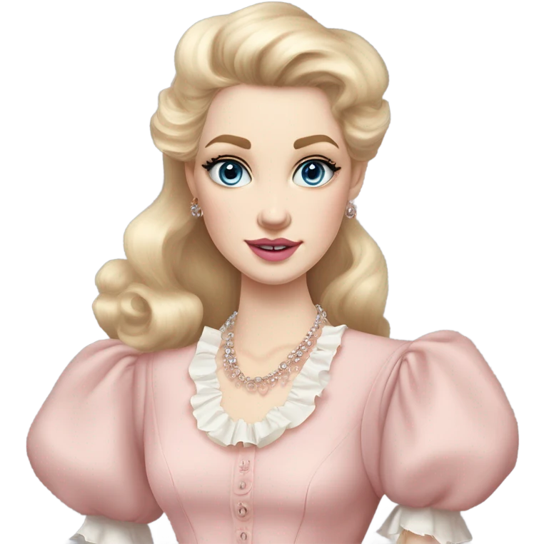 girl blonde hair pale skin blue eyes. Pink lips blush Smokey eye skinny nose siren eyes (but not too much). Vintage blowout with long hair not too curly.  light pink dress, puffed sleeves, dainty choker necklace (think Versailles but not too much).  emoji