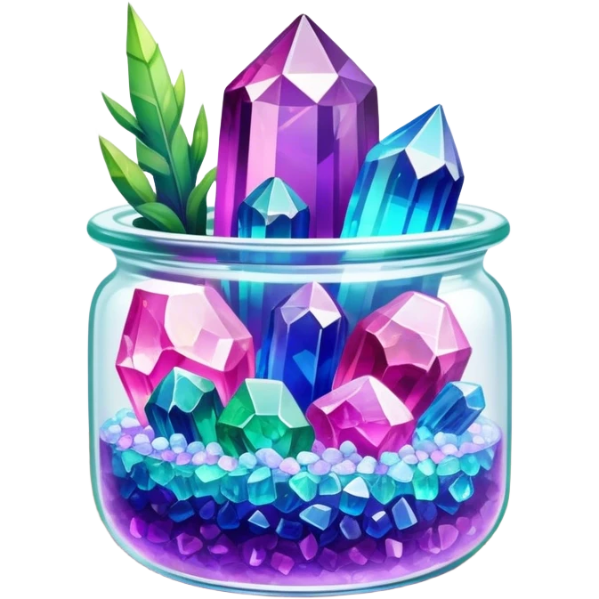 Close-up of vibrant, multicolored crystals growing in a glass container on a wooden table. Crystals in shades of purple, blue, green, pink, and clear are forming in various shapes and sizes. Soft light shines on them. Cozy indoor setting with plants and soft decor in the background. emoji