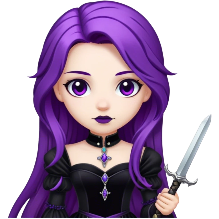 A gothic princess with long purple hair, in a black velvet dress, holding a silver dagger. emoji