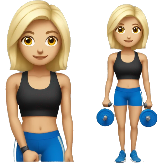blonde woman working out with a black tank top and a blue shorts holding a dumbbell emoji