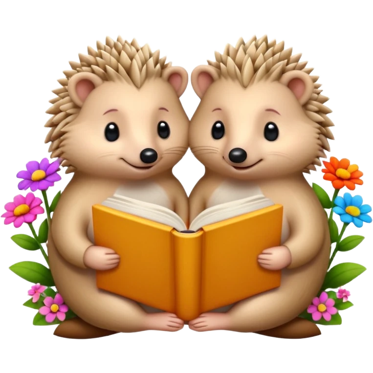 2 Beige Hedgehogs reading books + flowers emoji