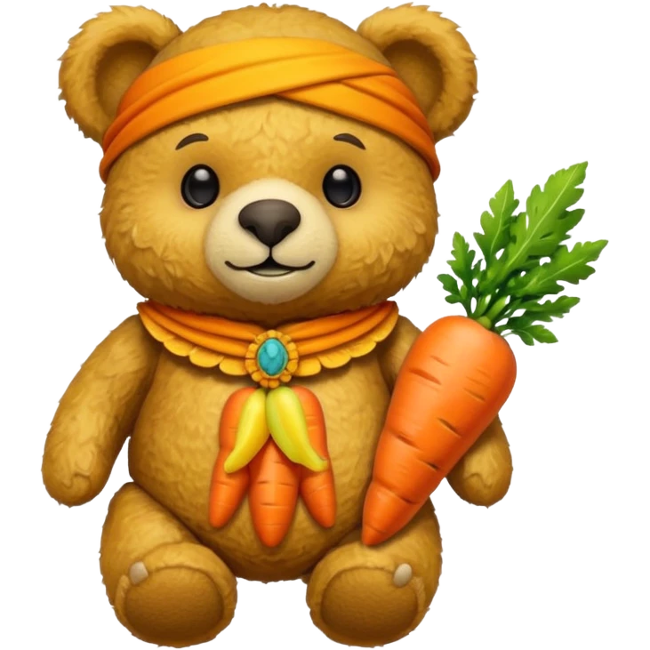 teddy bear half body, wearing yellow mayan ancient custome, with carrot half body emoji