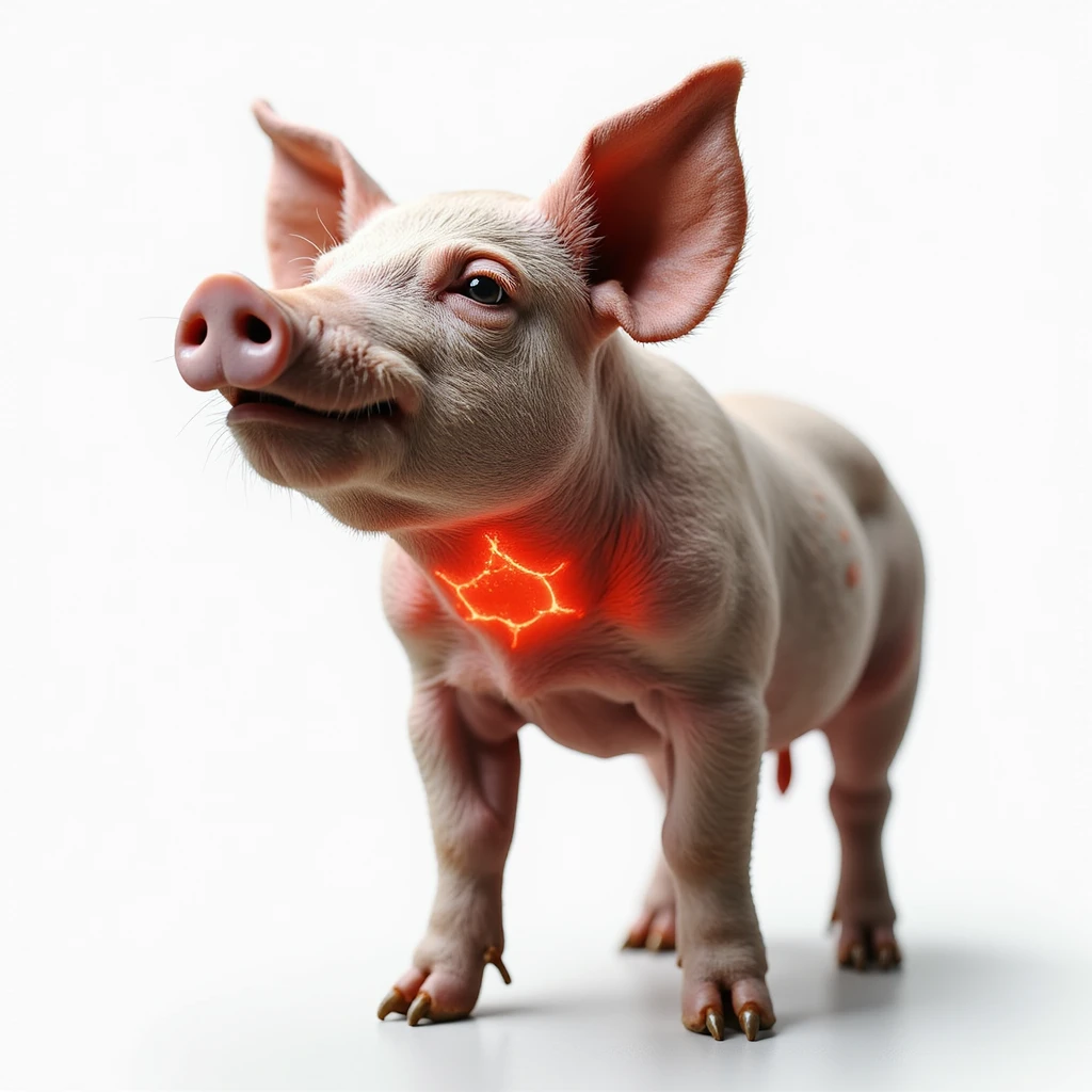 Realistic pig on isolated white background, thyroid area on neck highlighted in red, clear anatomical details, hyperrealism, 4K quality, pig with head slightly raised emoji
