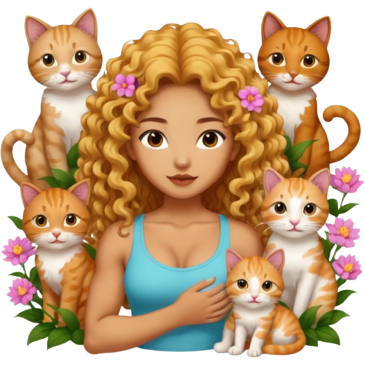 sexy and muscled tanned asian girl who loves cats, long golden curly hair, full body, many different cats nd kittens, surrounded by flowers and cats emoji
