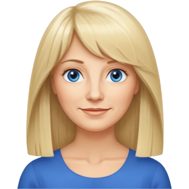 50 yr old white woman, curtain bangs, very long straight blond hair, oval face, small smile, blue eyes, thin face, hair down to elbows, round cheeks emoji