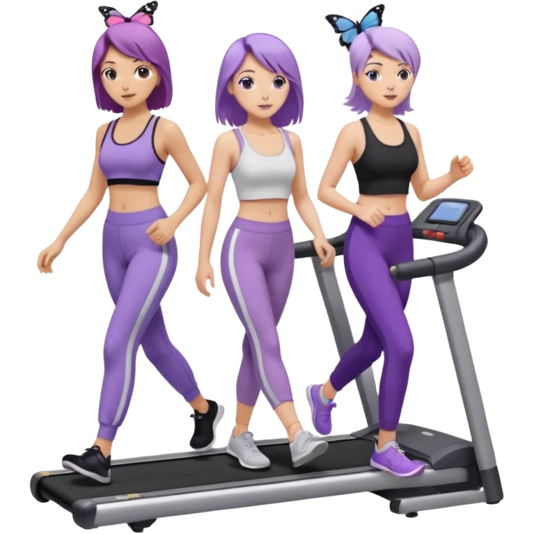 две белокожие девушки ходят по беговым дорожкам, одна брюнетка, вторая со светло-фиолетовыми волосами, брюнетка в белом топе на тонких лямках и в черных лосинах, вторая девушка в лиловом топе с бабочкой и в серых спортивных штанах emoji