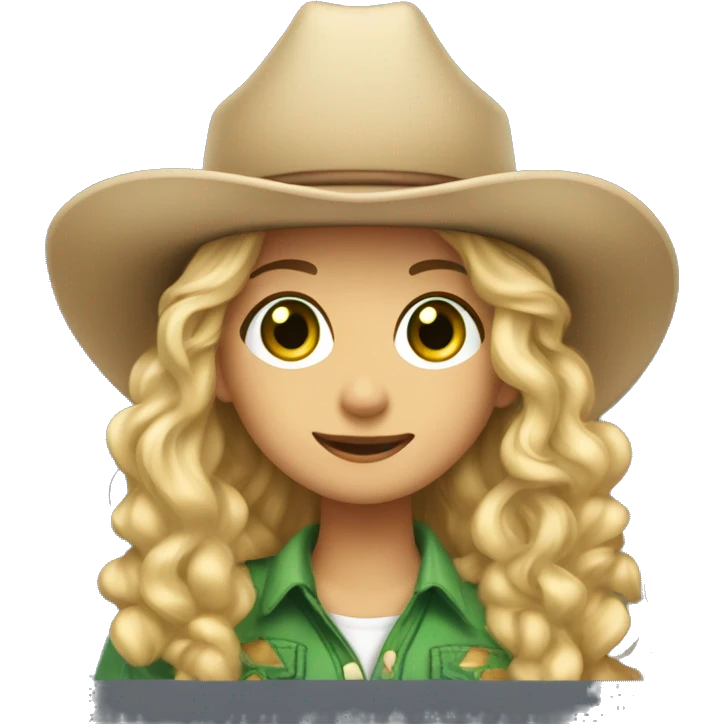 A pretty girl with long, curly blonde hair and green eyes, wearing dungrees and a cowboy hat emoji