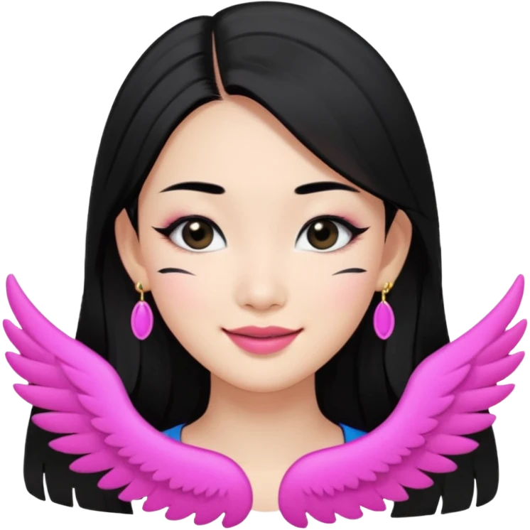 A Asian girl with fare skin and earrings, long straight black hair that is covering her checks with black eyes, smiling with a open wings eyeliner emoji