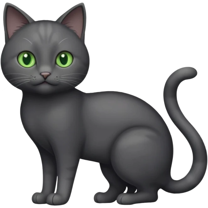 full body gorgeous solid dark grey cat with green eyes, white paws and white whiskers playing emoji