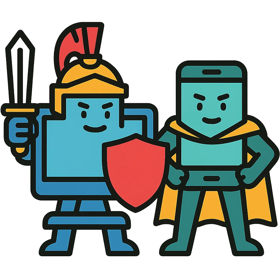 A computer and a phone illustrated as warriors or heroes, symbolizing their role in providing excellent internet service emoji