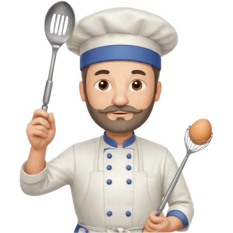 Middle aged male pastry chef - with a small beard, apron, white hat, holding an egg beater in his right hand, and his left hand naturally hanging down to his side emoji