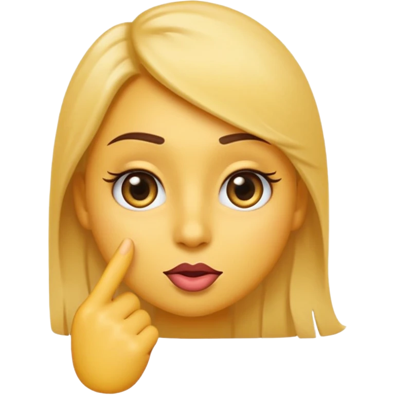 A yellow emoji with a flirty expression, touching its lips with one finger in a thoughtful or seductive pose. Eyes are made up with long false eyelashes, looking straight ahead. The finger must be touching the lips, not just pointing. emoji