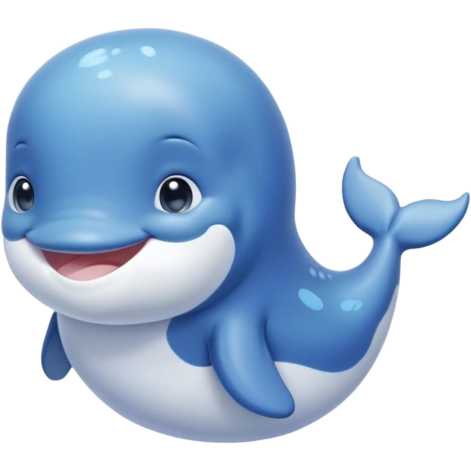 Cinematic happy baby whale, chubby rounded body, tiny smiling face, soft pastel blue hues, gentle glowing waves around, joyful and soothing. emoji