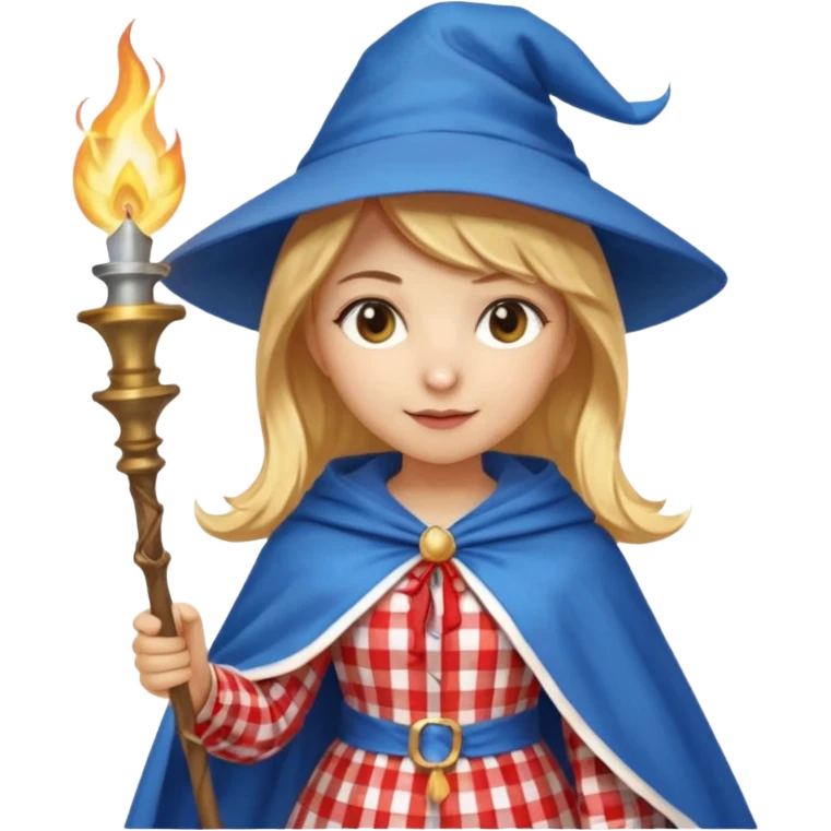 young woman mage with golden blonde hair, wearing a red and white gingham dress under a blue cloak and pointy hat, holding a torch, emoji style emoji