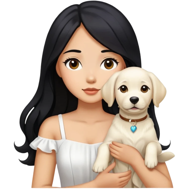 A beautiful girl with long black hair and a white dress is holding a white Labrador emoji