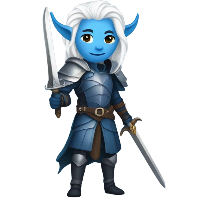 a blue tiefling with white long hair, full body, knight armour, holding a sword emoji