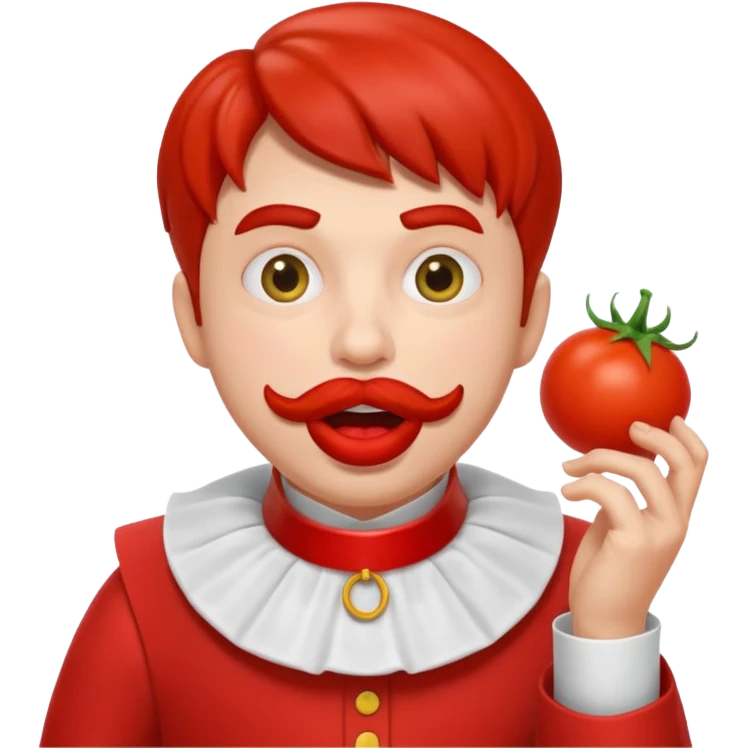 funny theater actor character who ate tomatoes, tomato sauce around mouth, dramatic expression, stage costume collar, 3D cartoon, mobile game icon style, clean background, no text, no watermark
 emoji