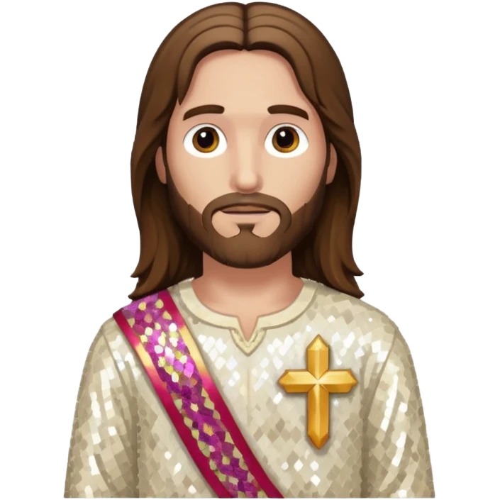 Jesus Christ with long brown hair, ivory sequin outfit emoji