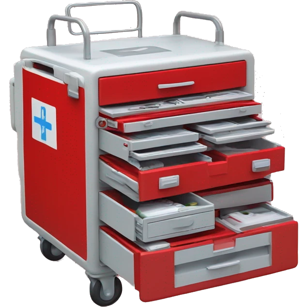 Singular Red medical crash cart is a mobile, multi-drawer unit designed to store and organize emergency medical supplies and equipment and a cardiac defibrillator on top emoji
