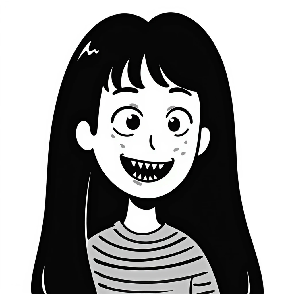 japanese horror style woman with extremely long black hair, pale white face, wide unblinking eyes, and a distorted mouth filled with hundreds of sharp jagged teeth emoji