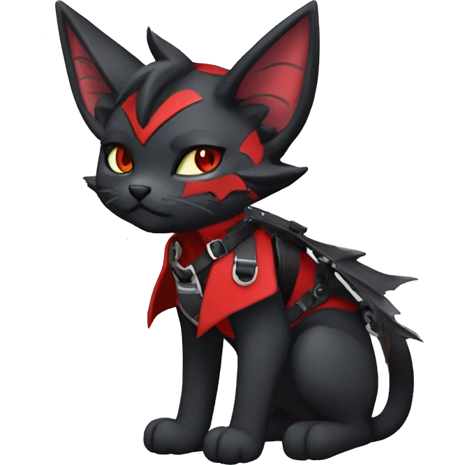 Anthro cool edgy elegant beautiful black punk red fantasy nargacuga-bat-cat-Fakemon collar harness warrior full body emoji