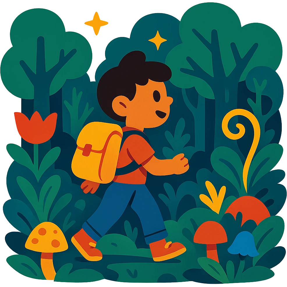 child with backpack exploring an enchanted forest emoji