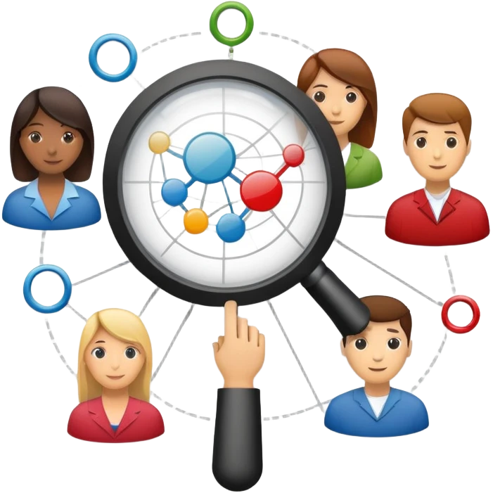 An icon featuring a group of diverse people, a social network diagram, and a magnifying glass, symbolizing sociology. The design includes charts and interconnected lines, representing the study of societies, relationships, and social behavior. Transparent background highlights social analysis. emoji
