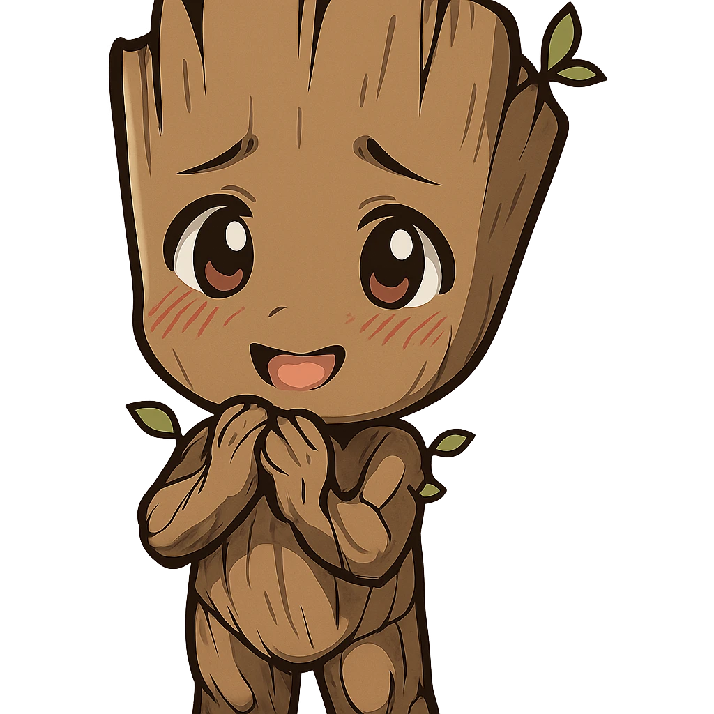 anime style Groot character, cute and shy, happy expression emoji