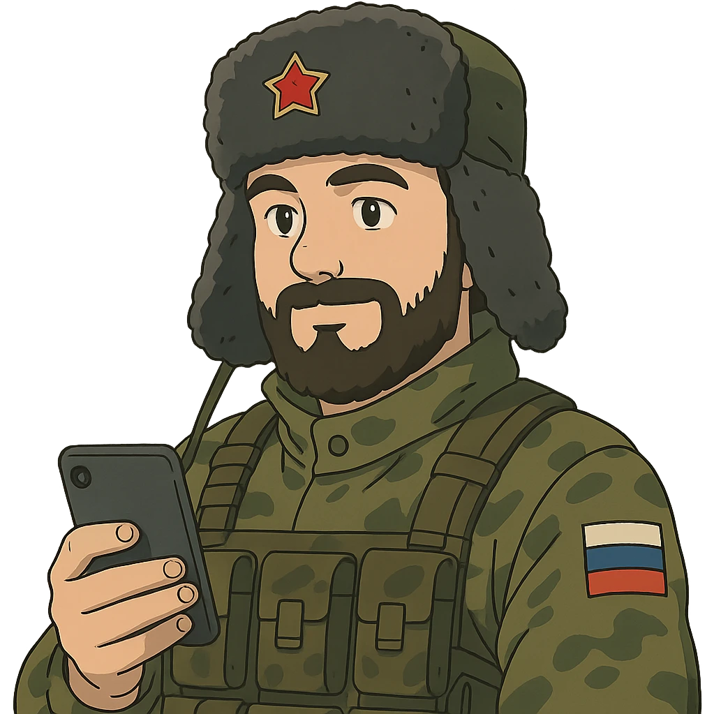 ghibli style Russian army military blogger wearing an ushanka hat emoji