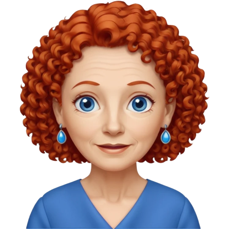 una profesora mayor simpática con el pelo rojo rizado, ojos azules, vestido azul y pendientes azules hablando emoji