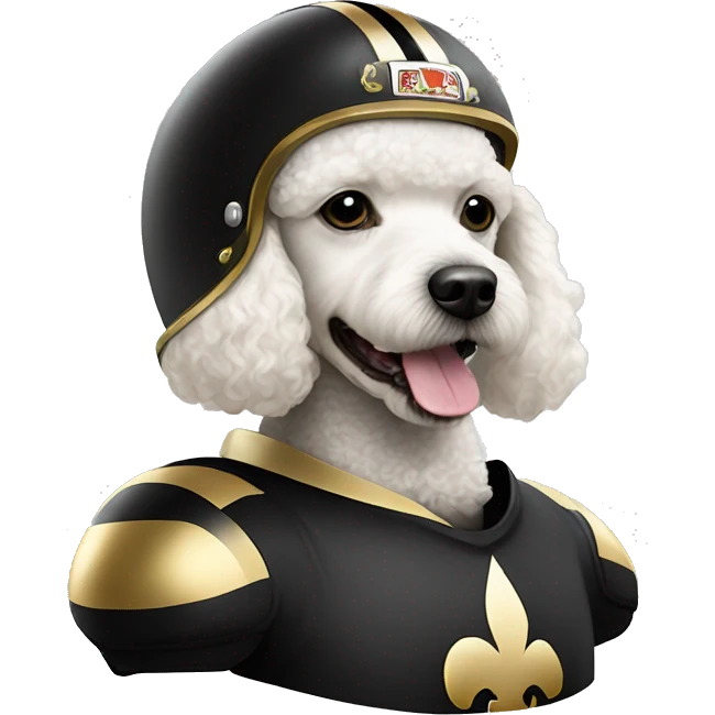 White poodle wearing a black football helmet with gold stripe and gold fleur de lis emblem emoji