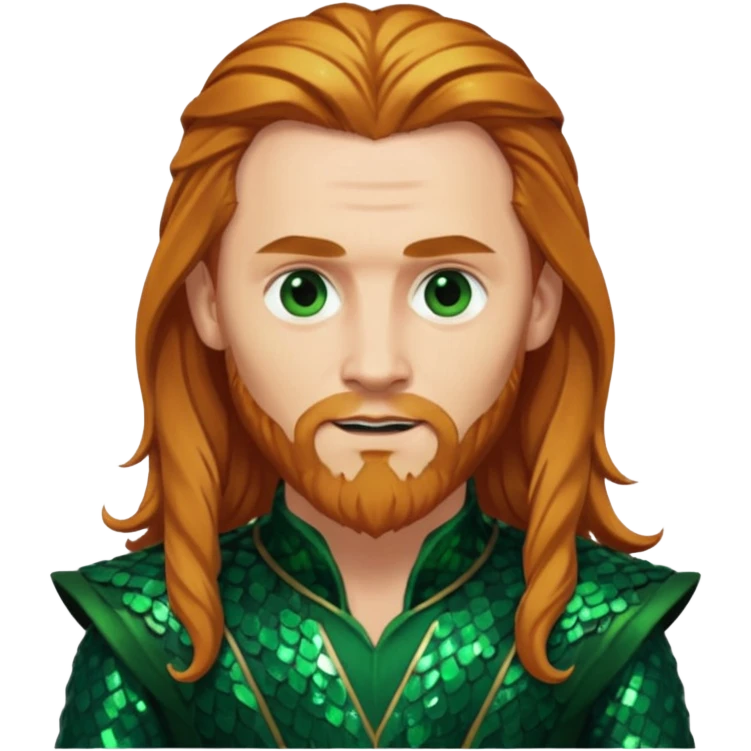 Loki, God of Mischief with long reddish blonde hair and beard, dark green sequin outfit emoji