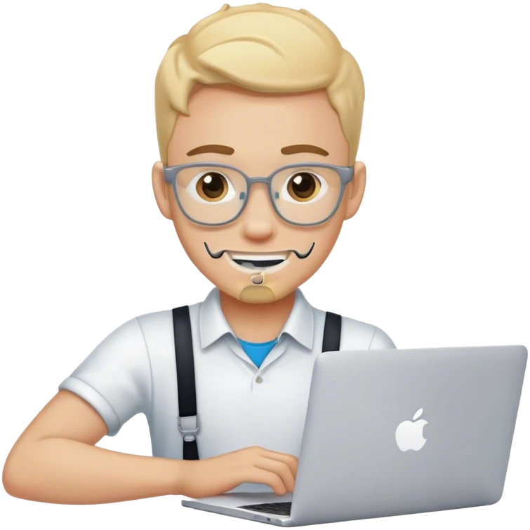 guy wearing braces working on a Macbook with apple logo emoji