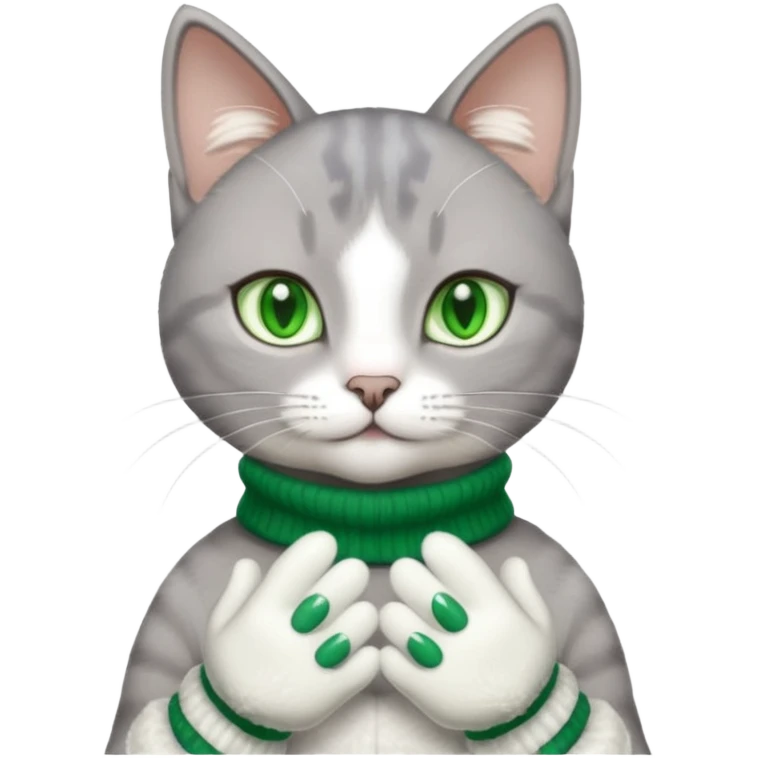 beautiful female grey cat with green eyes, white mittens and white chest emoji