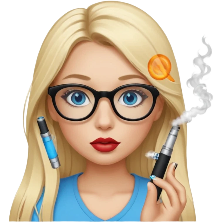 girl with blue eyes, blonde ling hair, black squared glasses, big lips, long eyelashes, and an electronic cigarette in her right hand emoji