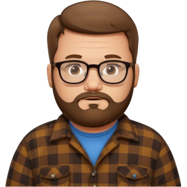 Fat white guy with glasses and short brown hair and beard wearing a cartoon flannel  emoji