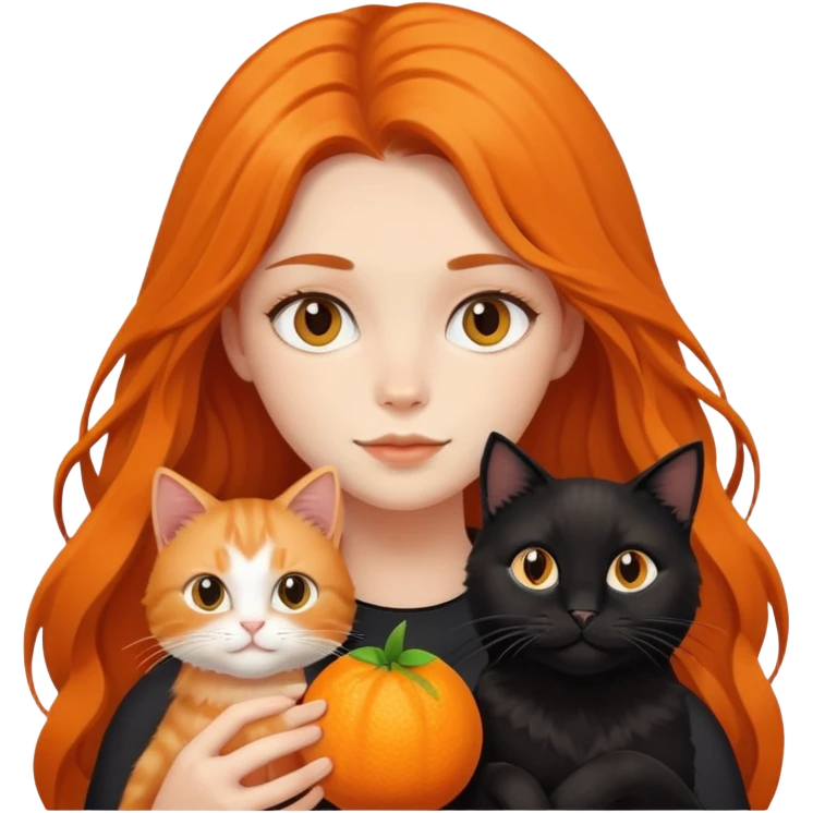 A long-haired girl holding a black cat and an orange long haired cat emoji