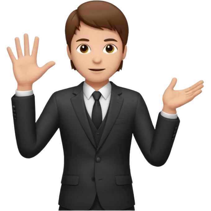 Mach mir einen Tyoen mit braunen haaren und im anzug der männlich ist der mit seiner linken hand zur seite zeigt emoji