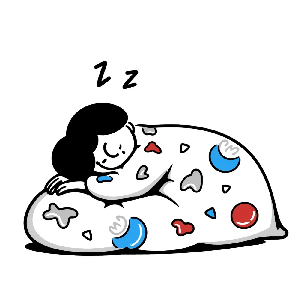 A cute curled-up sleeping person under a colorful blanket with peaceful smile and soft Z's floating. Cozy feeling with gentle pastel colors. Hand-drawn doodle style. emoji