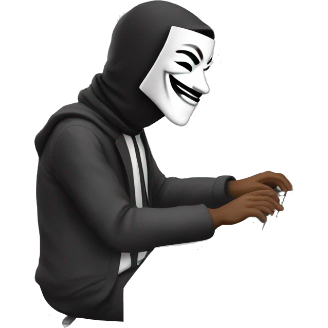 Man in anonymous mask typing text on computer emoji