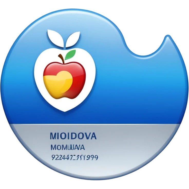 rounded business ID card with blue-silver gradient background, placeholder lines, left-aligned generic photo silhouette, Moldova-inspired heraldic symbol in top-left, Apple emoji style, transparent background emoji