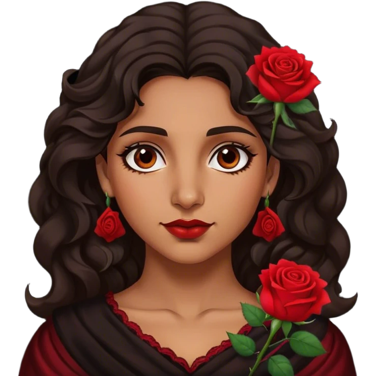 A Romani woman with dark wavy hair, a single red rose tucked behind one ear, and a confident gaze emoji